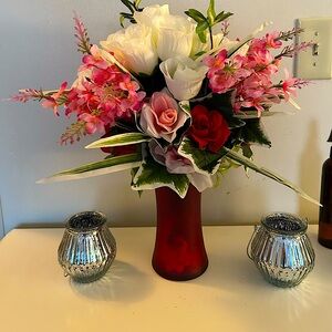 Faux Floral Arrangement in Red and Pink